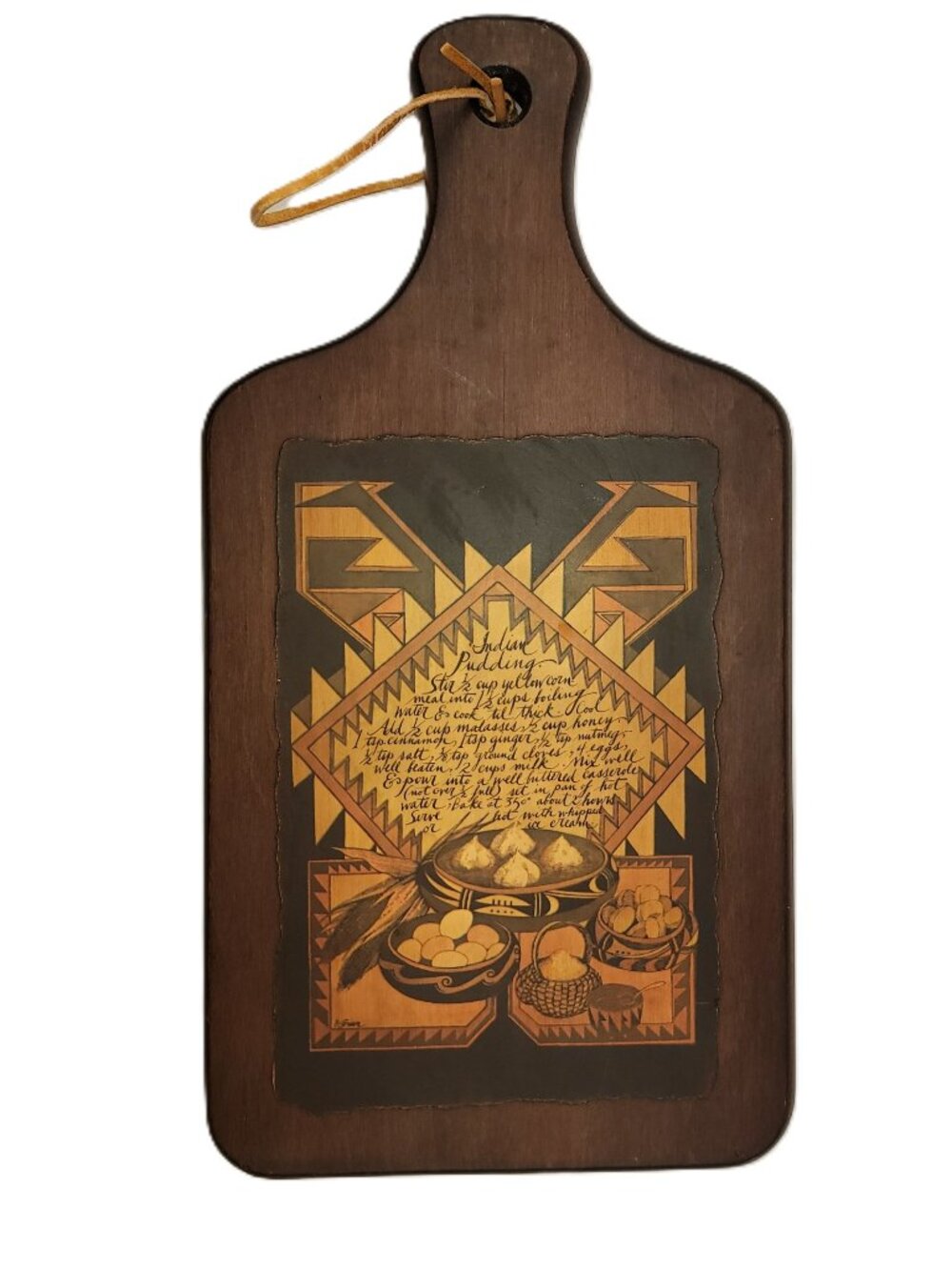 Vintage Wood Cutting Board with Indian Pudding Recipe Wall Art 13.5"x7"